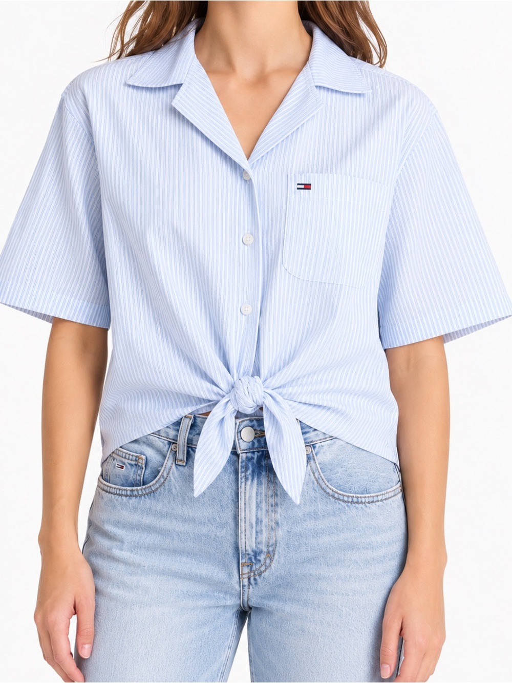Tommy Hilfiger Light Blue White Stripe Tie Front Button Down Short Sleeve Shirt